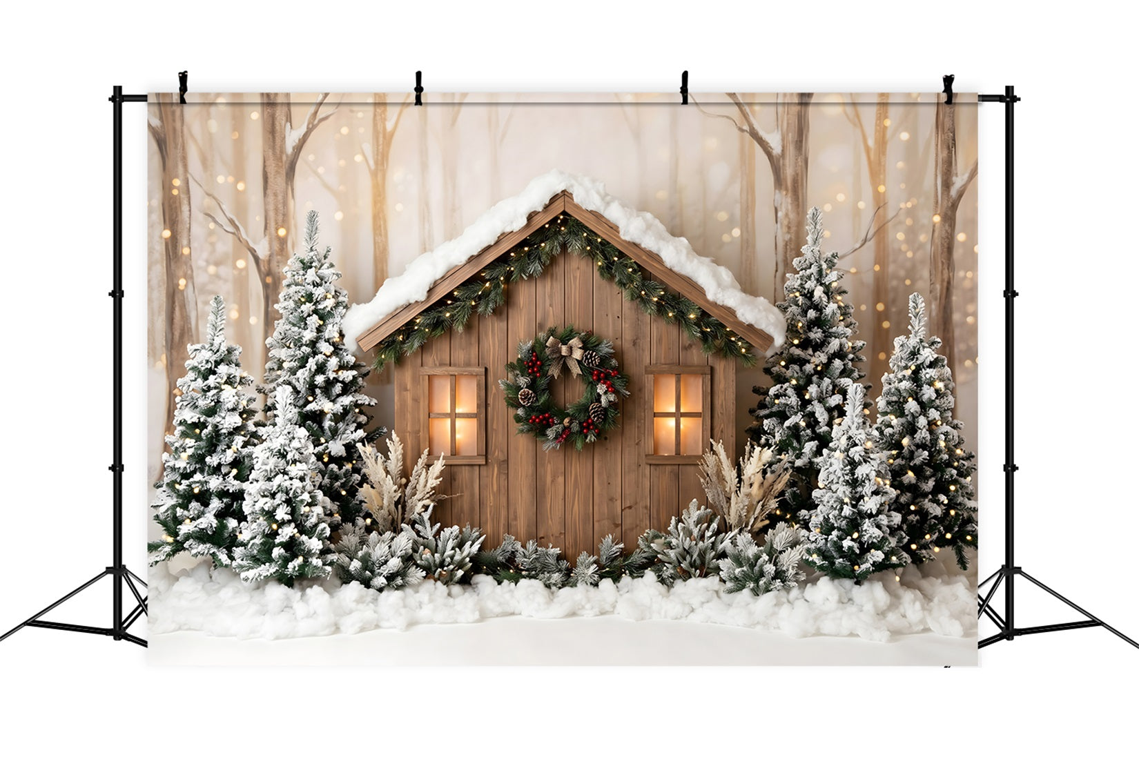 Outdoor Weihnachtskulisse Schnee Wald Hütte Kiefern Lichter Fotohintergrund CEM65-87