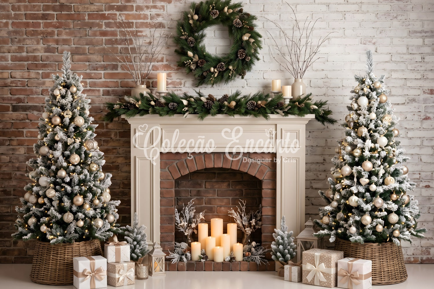 Weihnachts Kamin Fotohintergrund Frosted Fireplace Kerzen Tannen Studio Kulisse CEM65-88