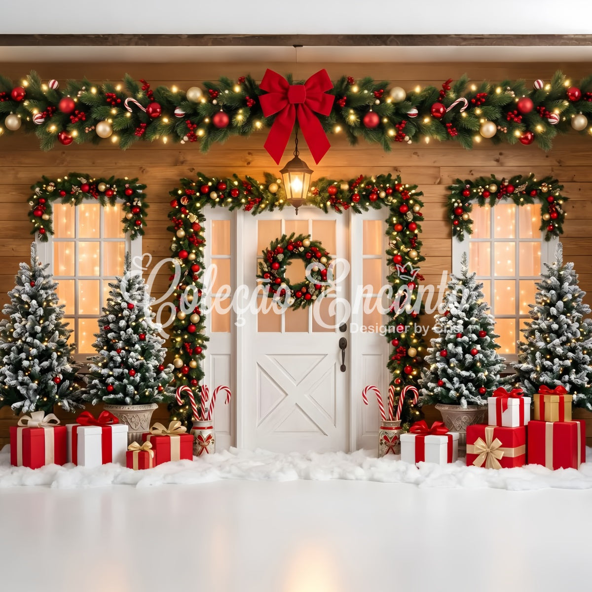 Weihnachts Fotohintergrund rote Schleife Tür Kranz Geschenk Studio Hintergrund CEM65-90