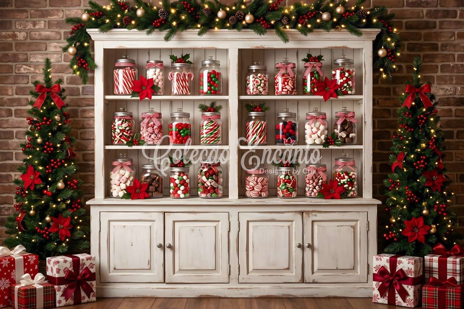 Festlicher Photo Booth Hintergrund Bonbonglas Schrank Poinsettien Tannen CEM65-91