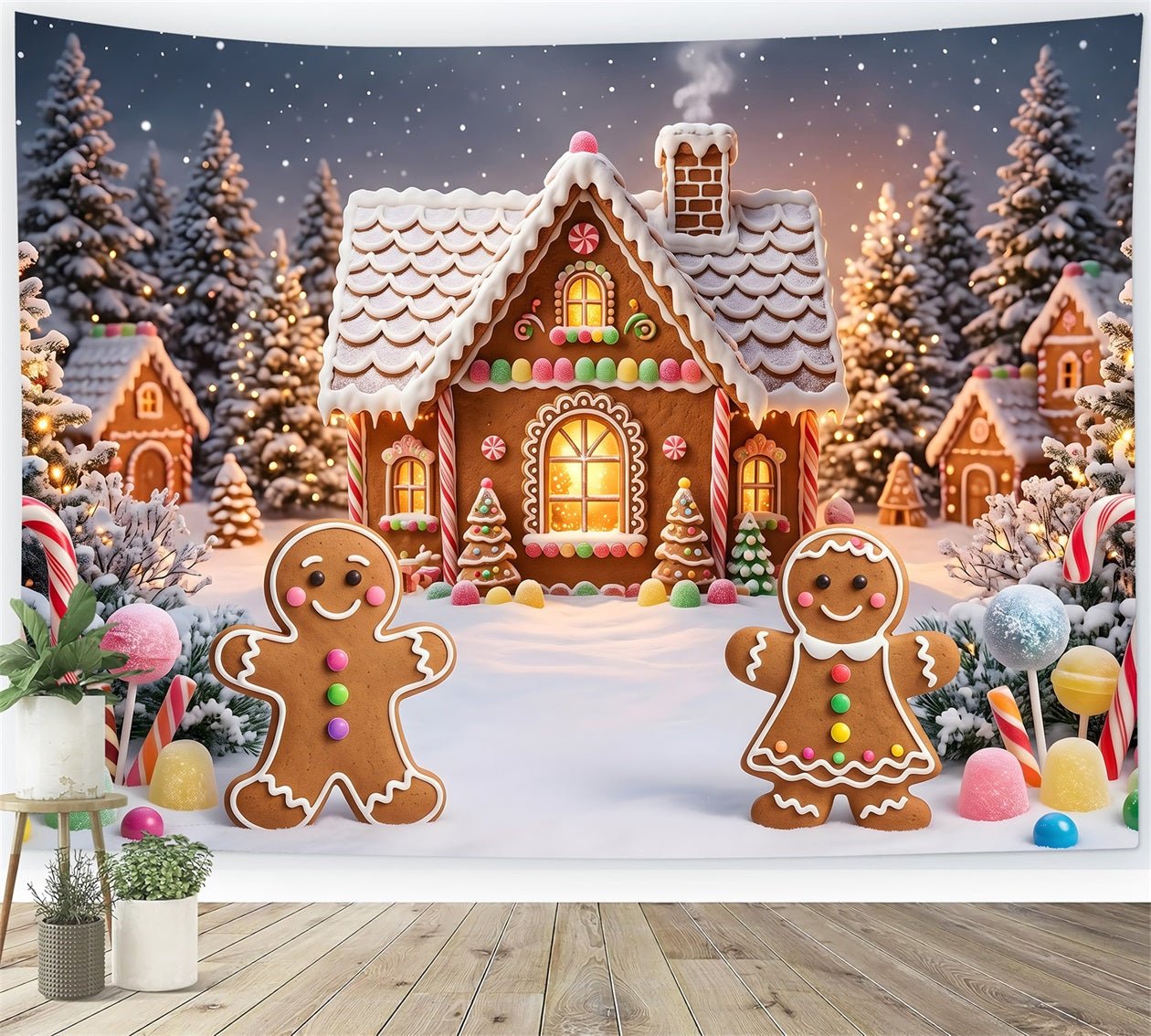 Christmas Dorf Szene Lebkuchen Cottage Schnee Wald Kulisse CEM65-93