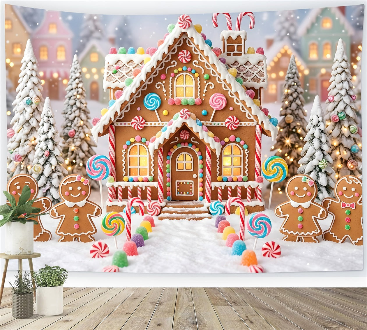Festliche Candy Lebkuchen Dorf Schnee Weg Winter Kulisse CEM65-95