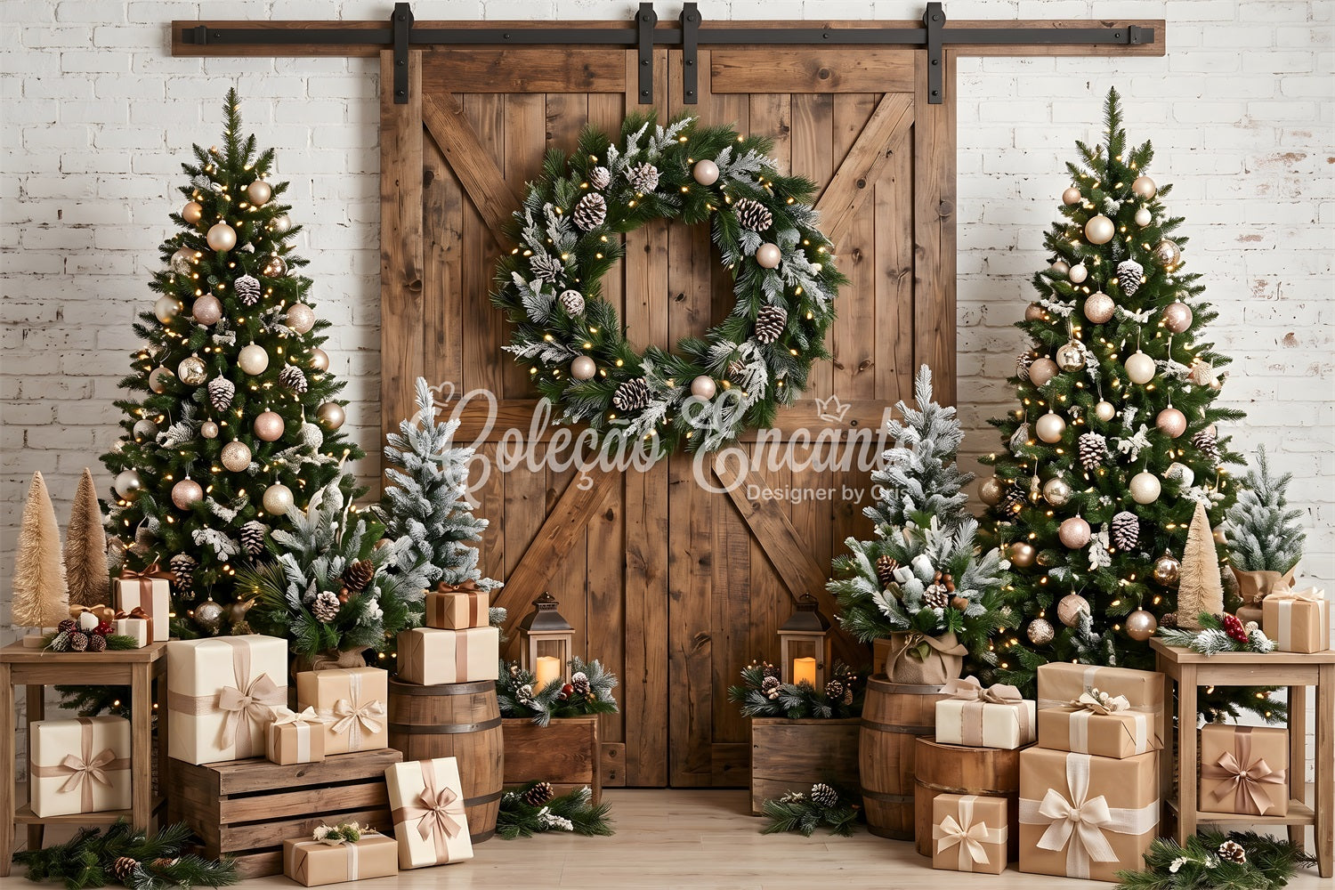 Weihnachts Scheune Tür rustikal Kranz Tannen Studio Kulisse CEM65-97