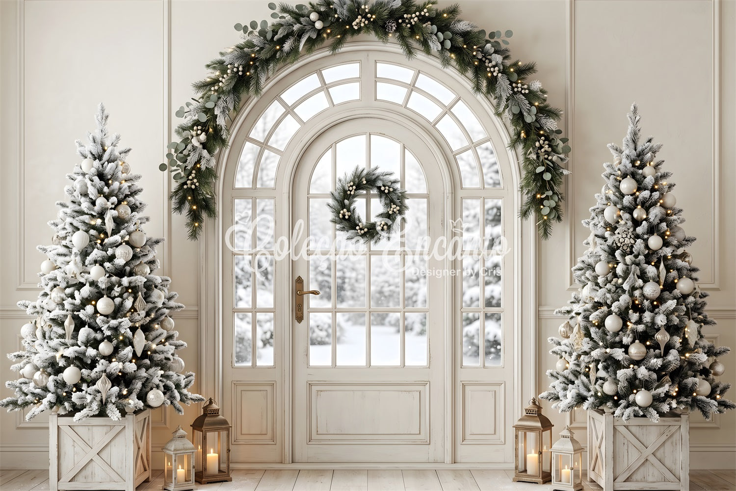 Winter Wohnzimmer Kamin Tür Tannen Laternen Fotohintergrund CEM65-99
