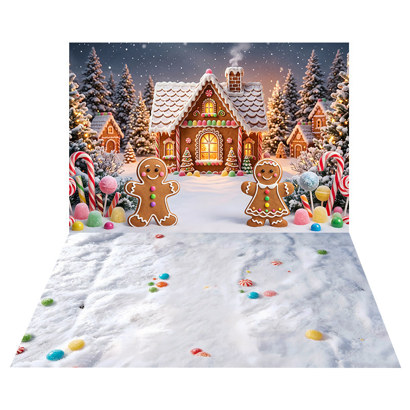 Buntes Lebkuchenhaus Hintergrund + Farbiger Süßigkeiten Schneeboden Hintergrund CEMCBS65-10