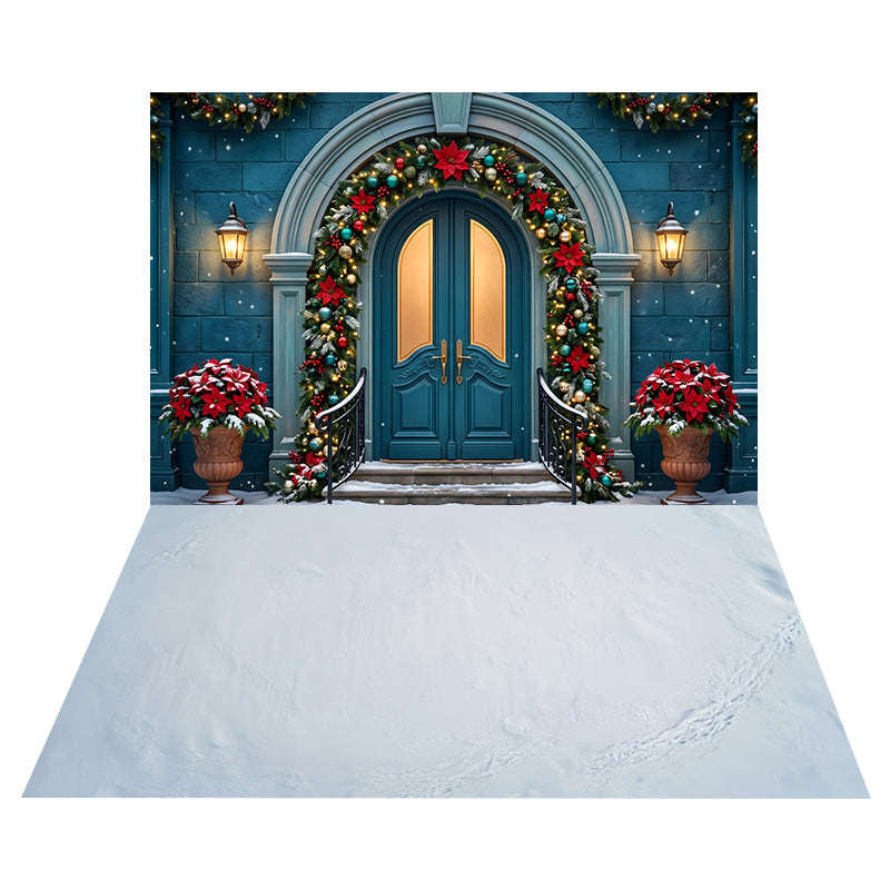 Blauer Weihnachtsstern Hauseingang Hintergrund + Glatter Verschneiter Eisboden Hintergrund CEMCBS65-16