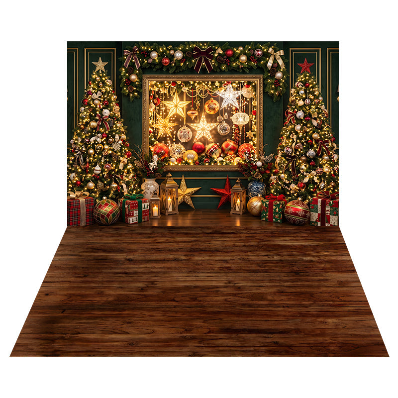 Luxuriöses Fenster mit Weihnachtskugeln Hintergrund + Dunkler Walnussholzboden Hintergrund CEMCBS65-31