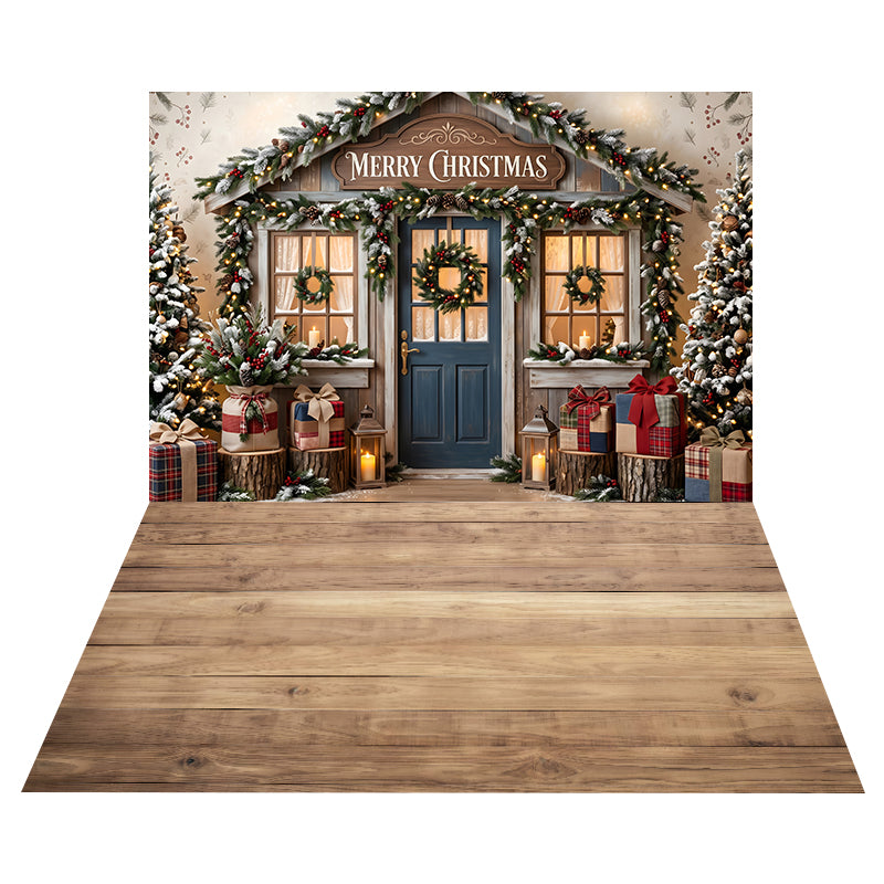 Rustikale Weihnachtshütte mit Eingangstür Hintergrund + Natürlicher Ahornholzboden Hintergrund CEMCBS65-37