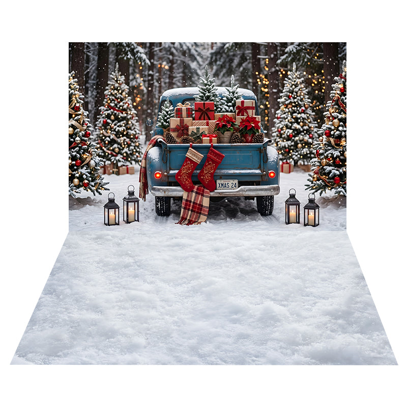Verschneiter Geschenkewagen Hintergrund + Weicher Schneestruktur Bodenhintergrund CEMCBS65-7