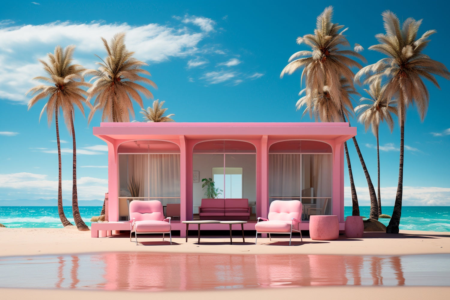 Fashion Doll Backdrop Hintergründe Palm Beach Rosa Bungalow Hintergrund CJJ2-100