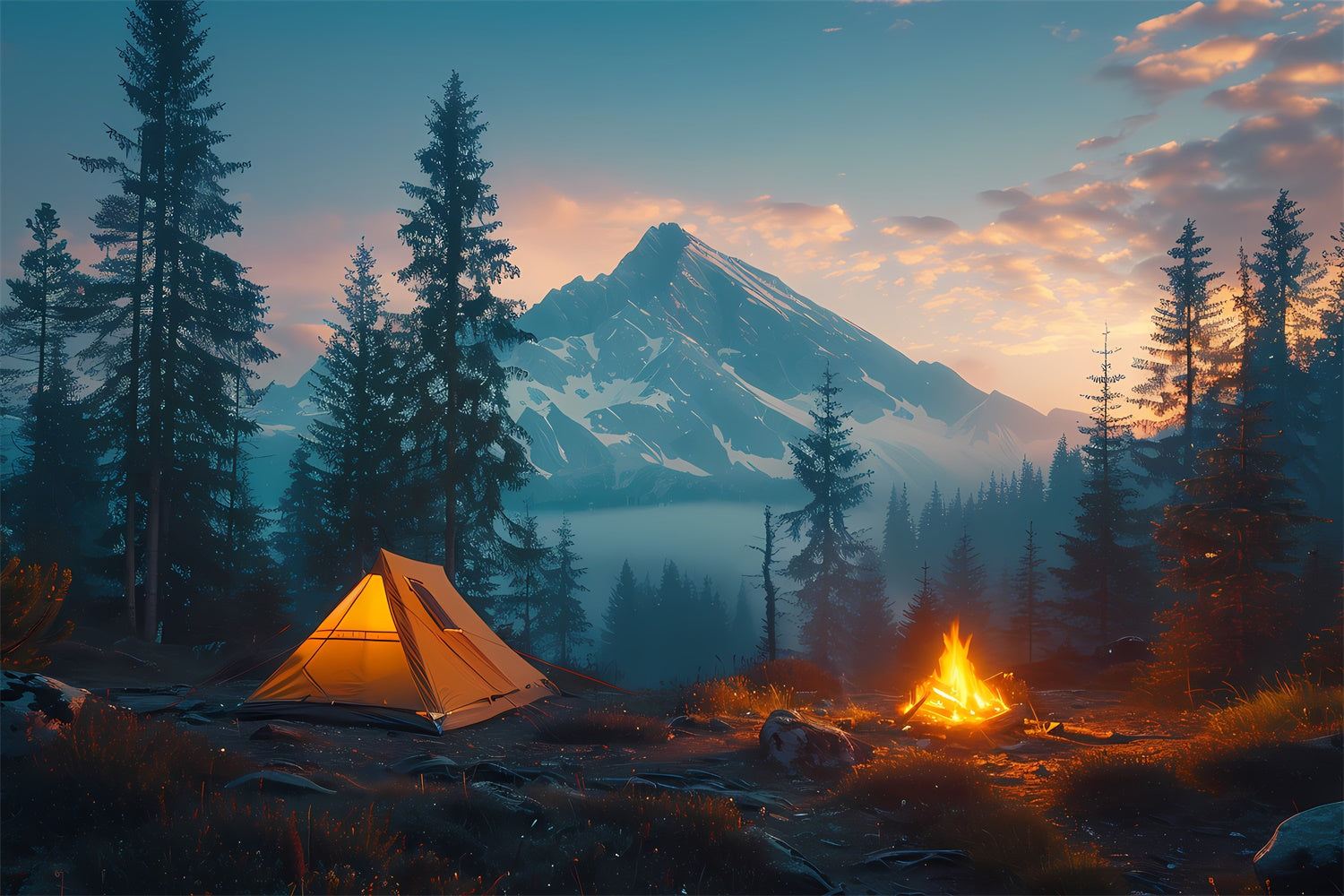 Wildnis Hintergrund verschneiten Gipfel Wald Camping Hintergrund CJJ2-47