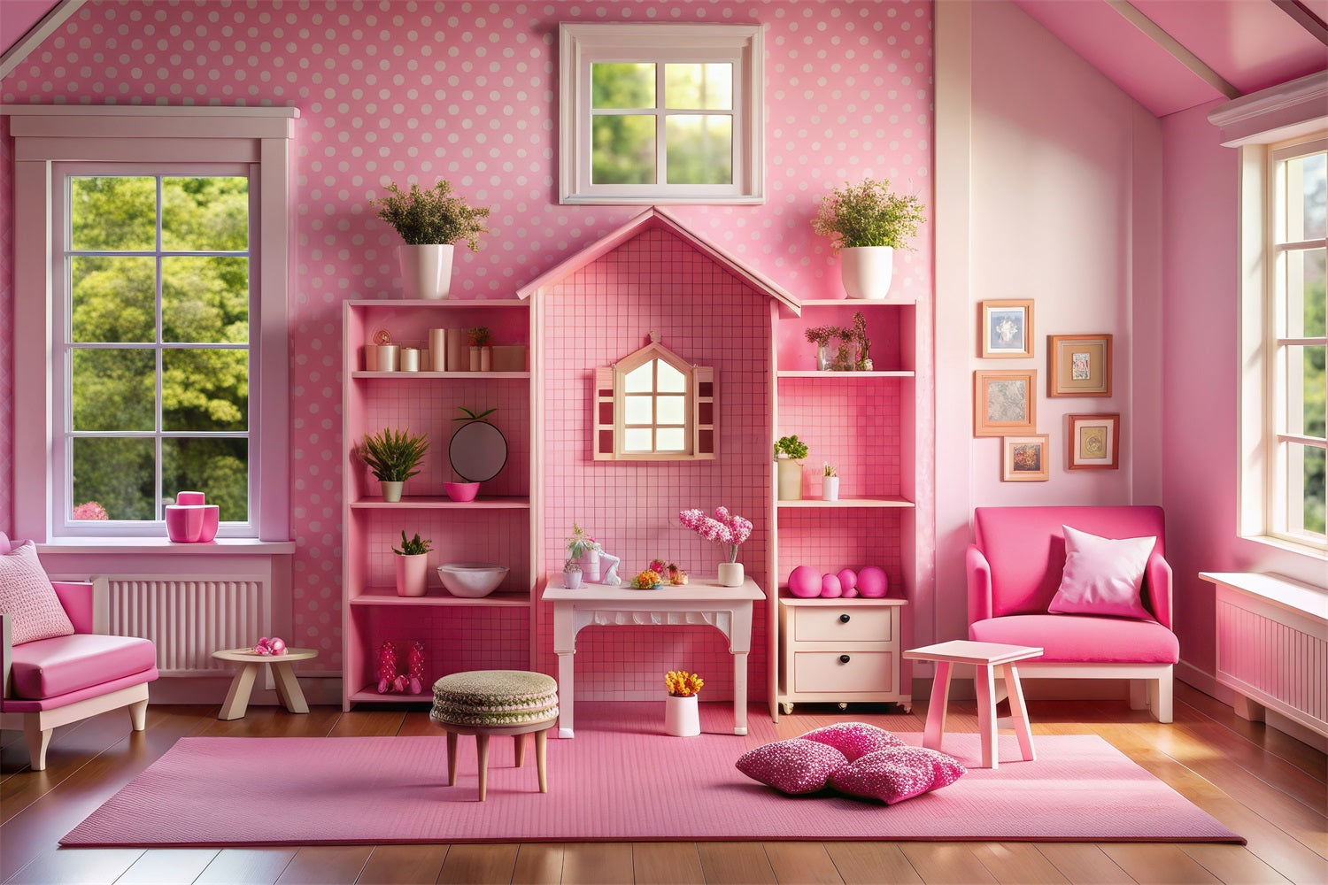 Fashion Doll Backdrop Hintergrundbilder Pink Dollhouse Room Backdrop CJJ2-91