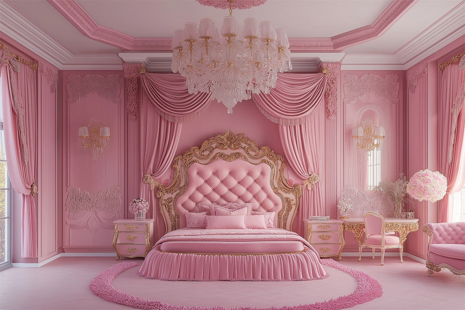 Fashion Doll Backdrop Fotohintergrund Rosa Barock Schlafzimmer Backdrop CJJ2-94