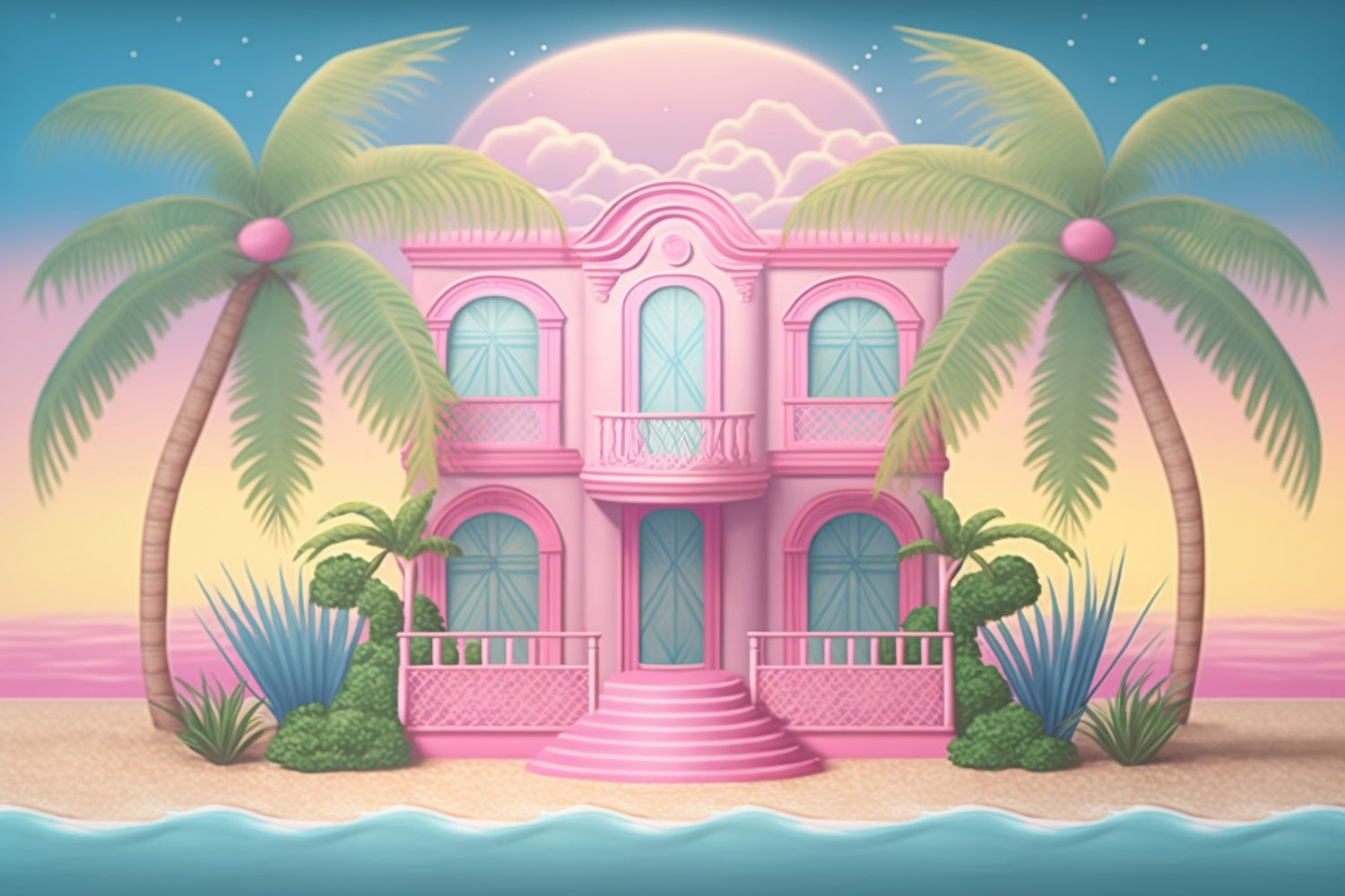 Fashion Doll Backdrop Palm Paradise Beach Mansion Backdrop CJJ2-98