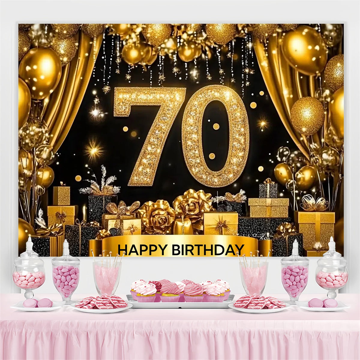 Custom Birthday Backdrops funkelnden goldenen Ballons 70. Hintergrund CJJ3-209