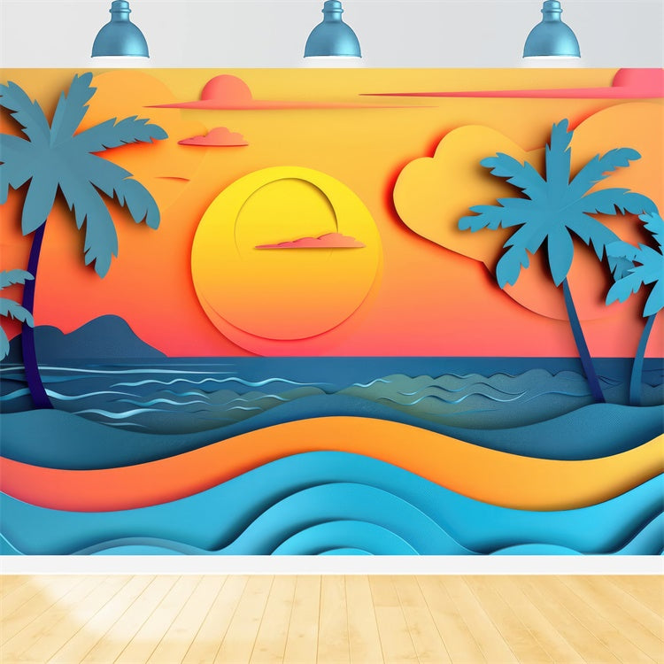 Sommer-Fotokulisse Sonnenuntergang Palmen Meer Hintergrund CJJ3-230