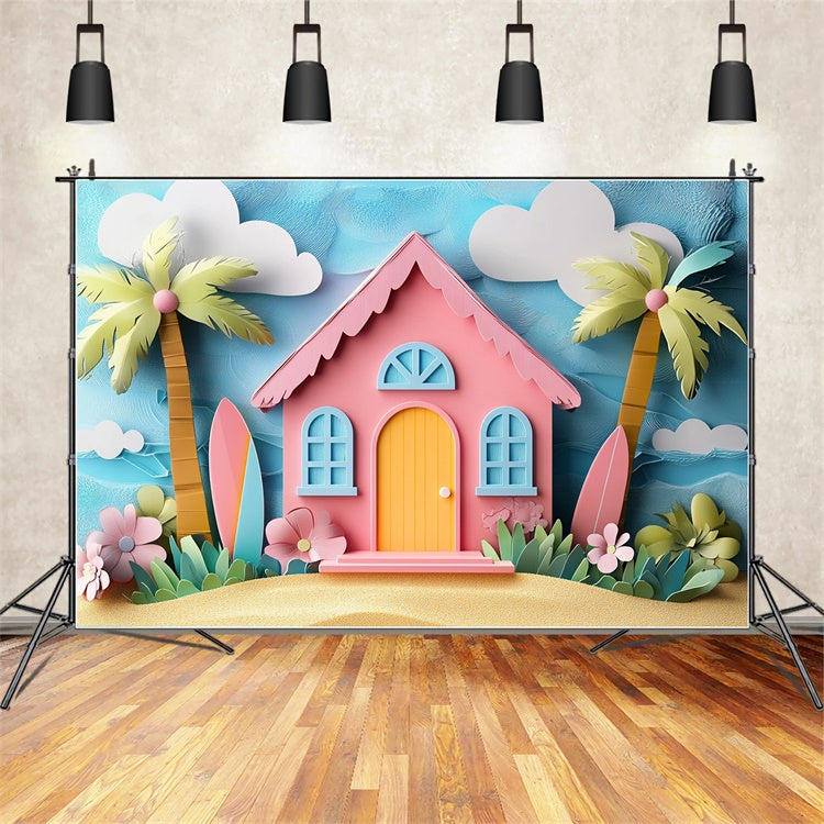 Sommer-Fotohintergrund Cartoon Rosa Strand Haus Hintergrund CJJ3-241