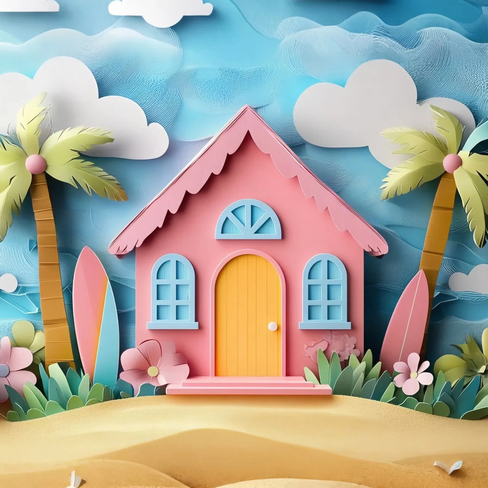 Sommer-Fotohintergrund Cartoon Rosa Strand Haus Hintergrund CJJ3-241