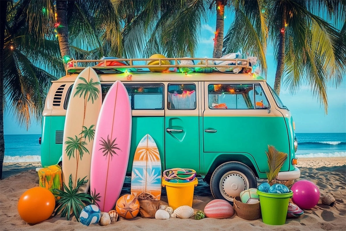 Fotohintergrund Strand Retro Auto Sonnenuntergang Strand Sommerhintergrund CJJ3-244