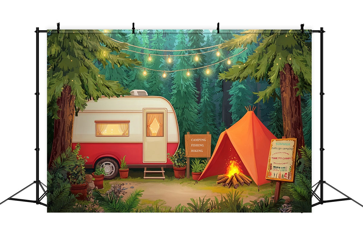 Sommer Fotohintergrund Kiefer Baum Camp Zelt Kulisse CJJ3-251