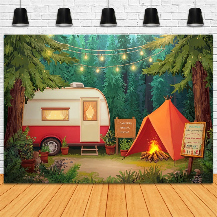 Sommer Fotohintergrund Kiefer Baum Camp Zelt Kulisse CJJ3-251