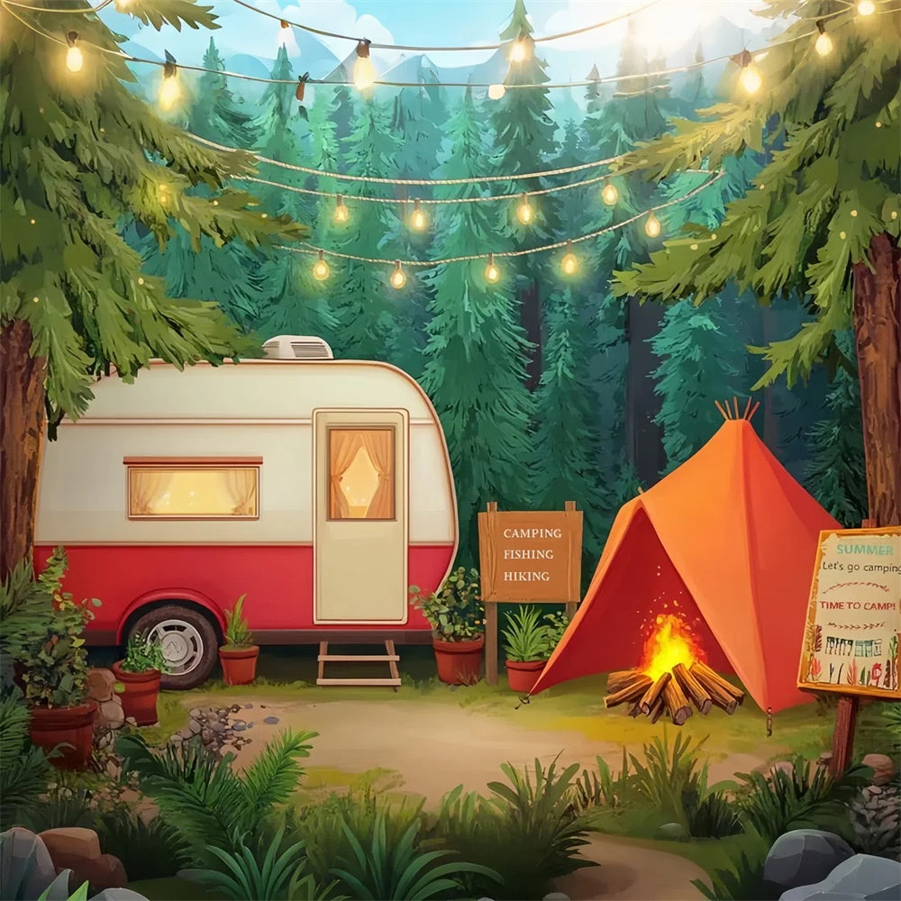 Sommer Fotohintergrund Kiefer Baum Camp Zelt Kulisse CJJ3-251