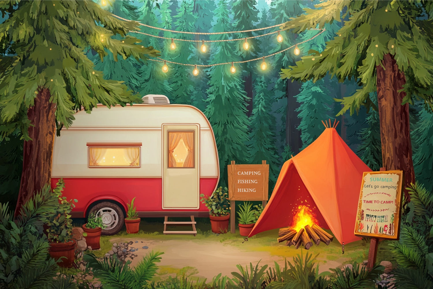 Sommer Fotohintergrund Kiefer Baum Camp Zelt Kulisse CJJ3-251