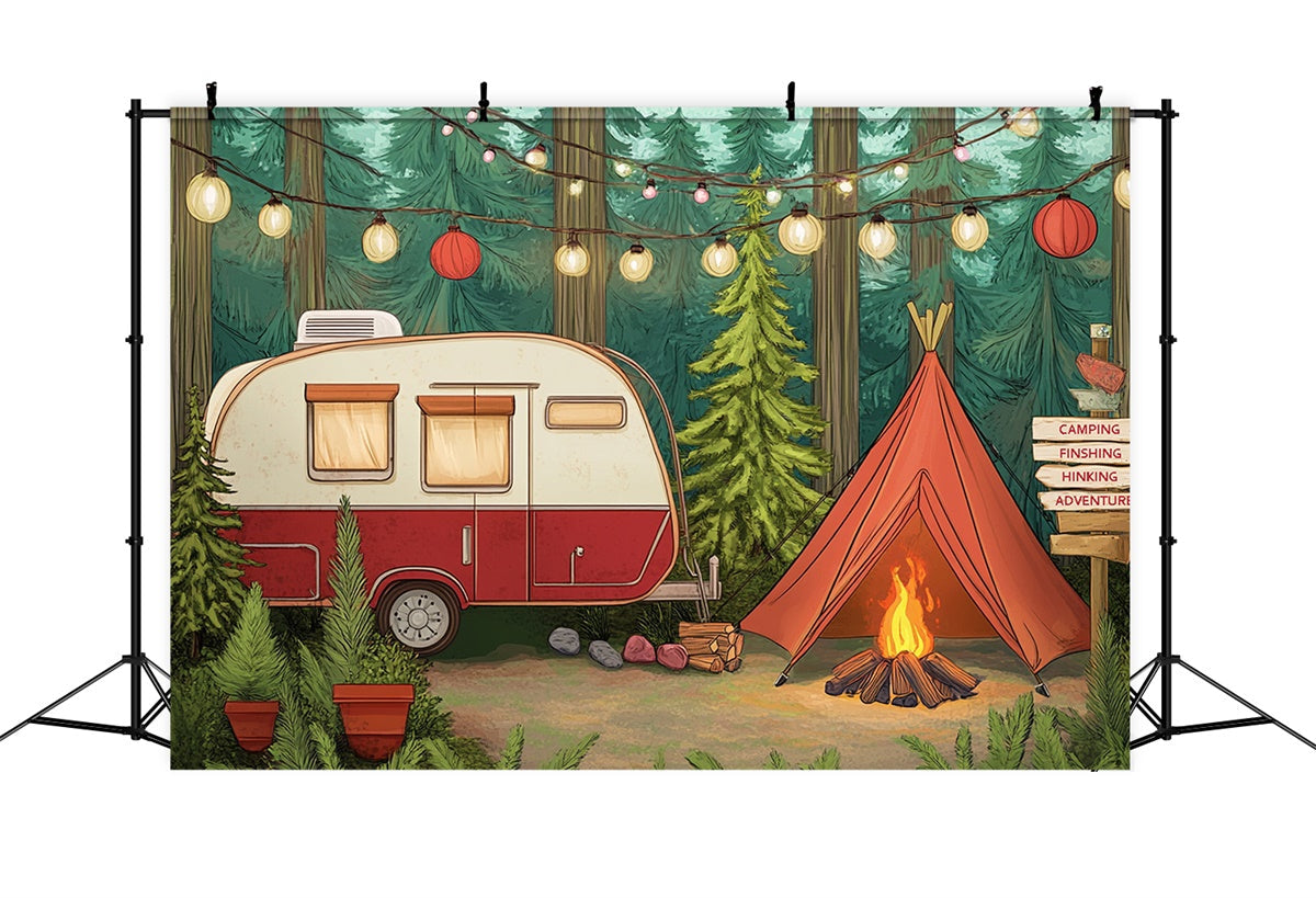 Sommerfoto-Hintergrund Lichterketten Gemütlicher Camper-Hintergrund CJJ3-252