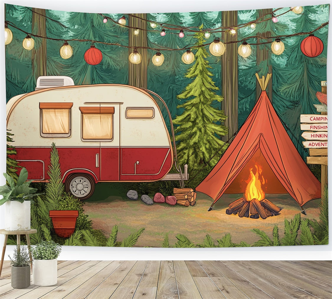 Sommerfoto-Hintergrund Lichterketten Gemütlicher Camper-Hintergrund CJJ3-252