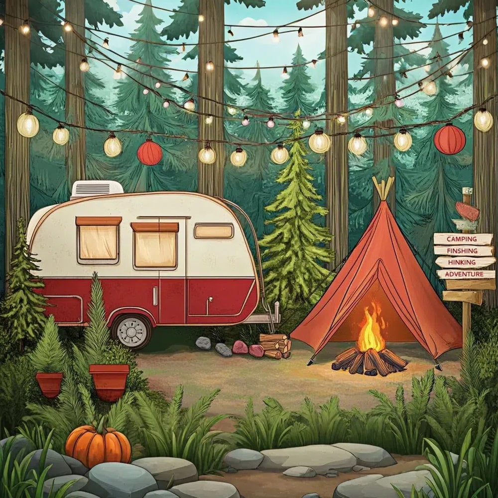 Sommerfoto-Hintergrund Lichterketten Gemütlicher Camper-Hintergrund CJJ3-252