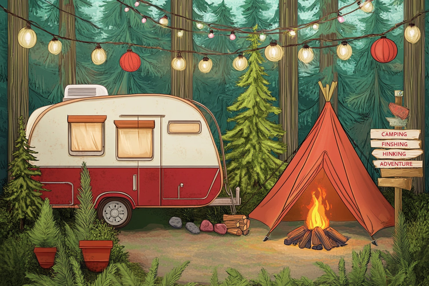 Sommerfoto-Hintergrund Lichterketten Gemütlicher Camper-Hintergrund CJJ3-252