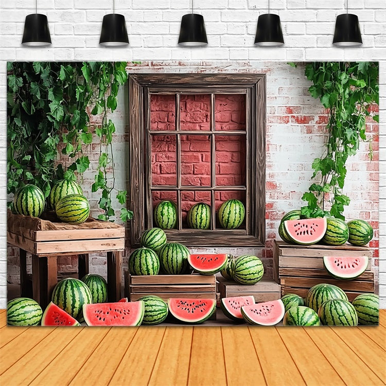 Wassermelone Fotohintergrund Ziegelstein Wassermelone Fenster Sommerhintergrund CJJ3-263