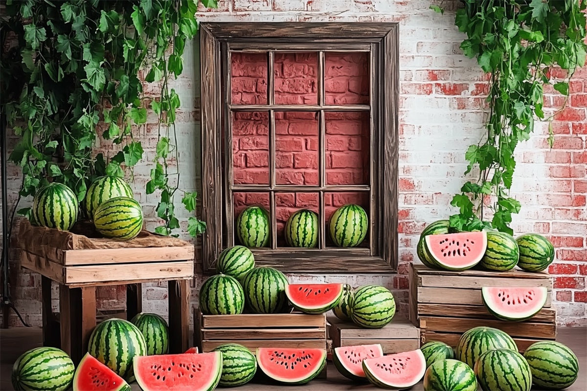 Wassermelone Fotohintergrund Ziegelstein Wassermelone Fenster Sommerhintergrund CJJ3-263