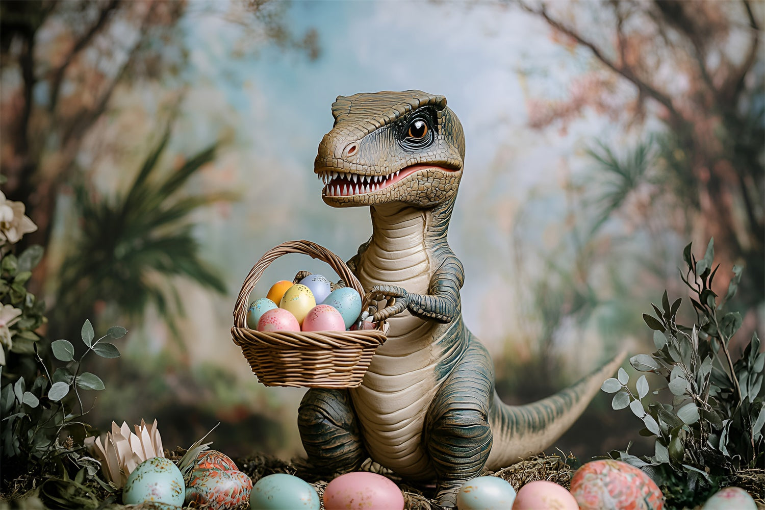 Ostern Fotohintergrund Dino Bunter Eierkorb Hintergrund CSH2-29