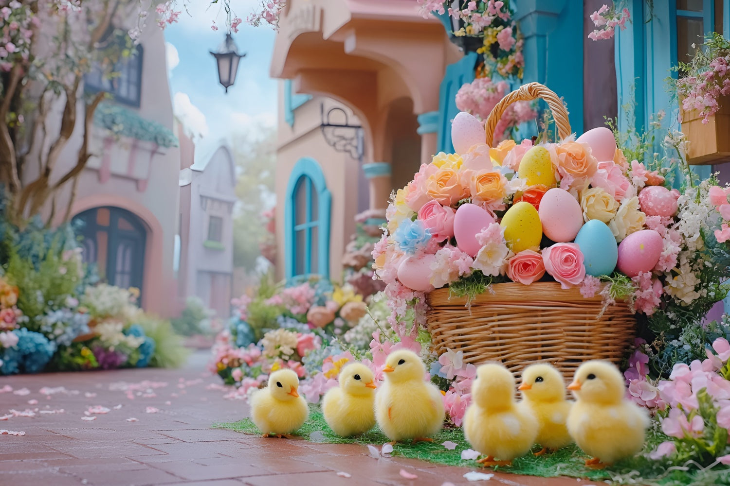 Fotohintergrund Ostern Niedliche Entenküken Frühlingsblumen Hintergrund CSH2-30