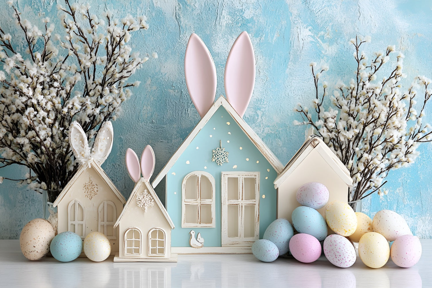Ostern Backdrop Fotografie Dreamy Bunny Cottage Blue Backdrop CSH2-62