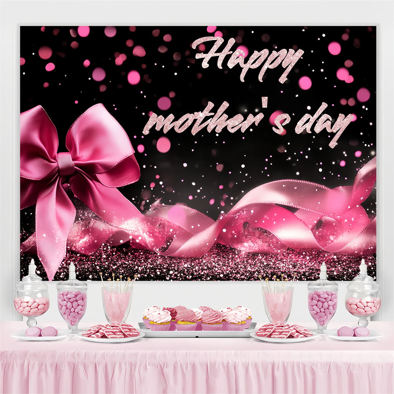 Happy Mothers Day Backdrop Glitter Rosa Schleife Personalisierte Backdrop CSH3-158
