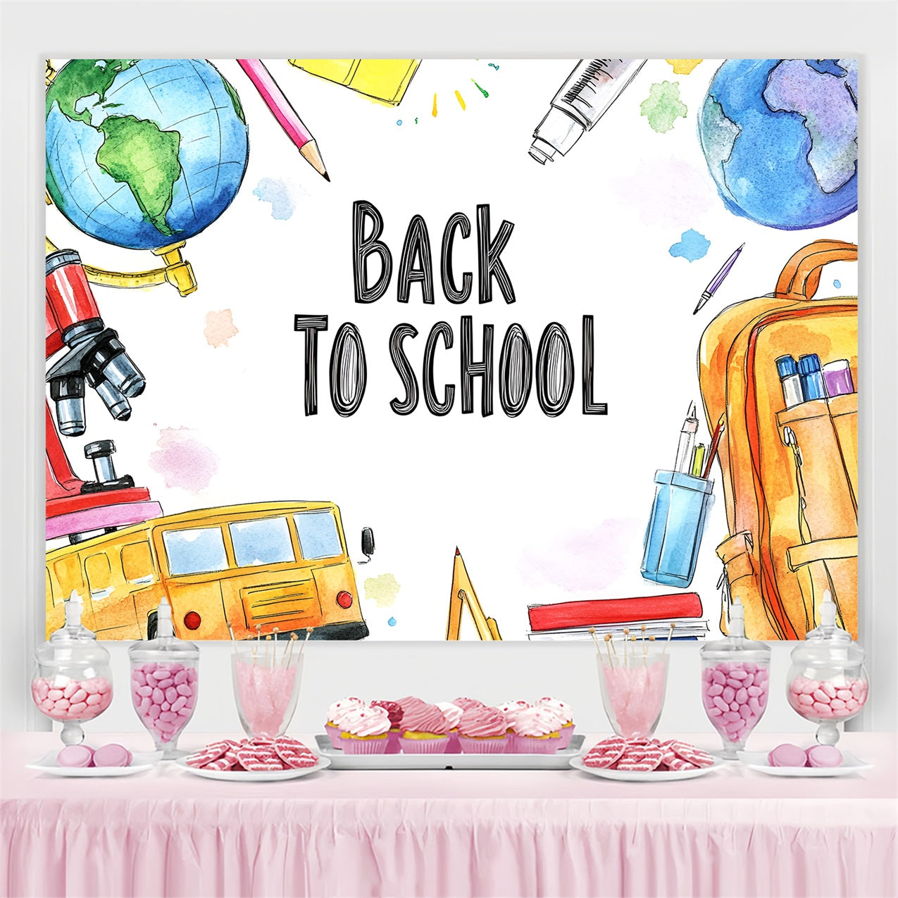 Backdrop für Back To School Aquarell Schule Zubehör Hintergrund CSH3-50
