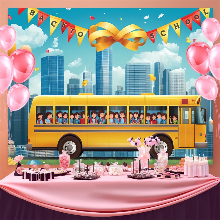 Backdrop für Back To School Gelber Schulbus Stadtbild Hintergrund CSH3-55
