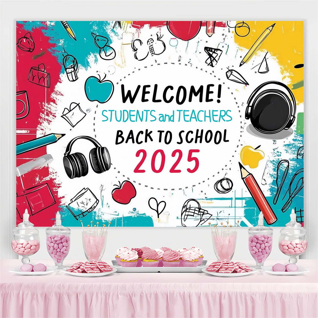 Backdrop Zurück in die Schule Spaß Klassenzimmer liefert Doodle Hintergrund CSH3-59