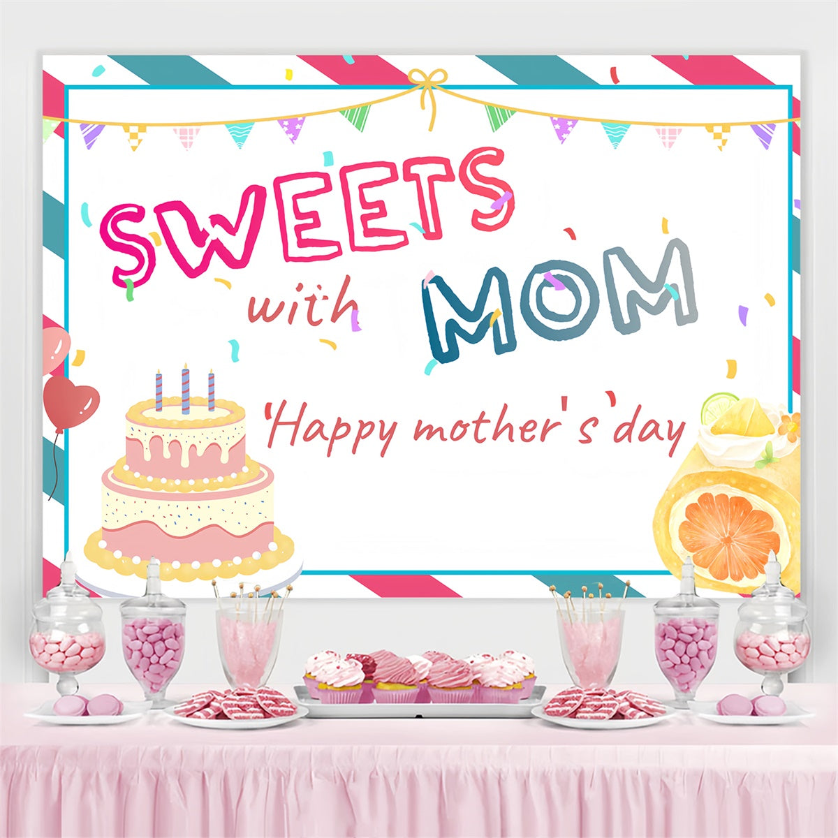 Muttertags-Hintergrundbild mit süßem Kuchen und Luftballons CSH3-93