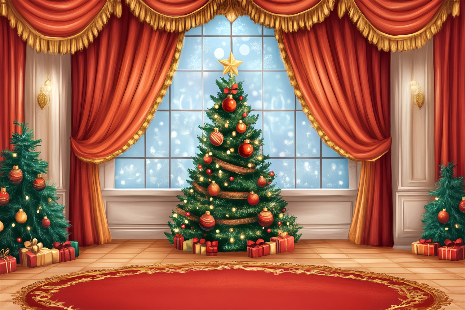 Weihnachtsbühne Backdrops Holiday Window Roter Vorhang Backdrop CSH5-154