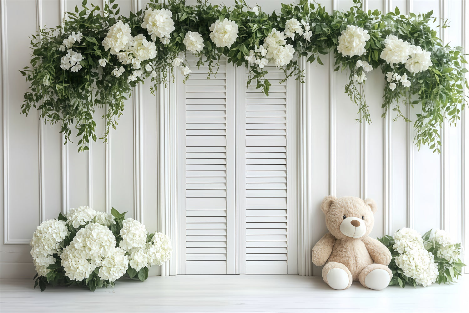 Kinder Backdrops Soft White Garden Bear Backdrop CSH5-304