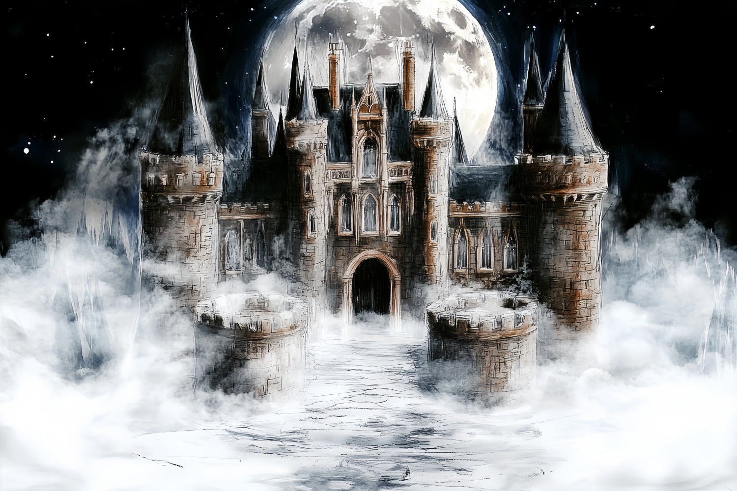 Castle Backdrops Moonlit Mist Castle Kinder Backdrop CSH5-309