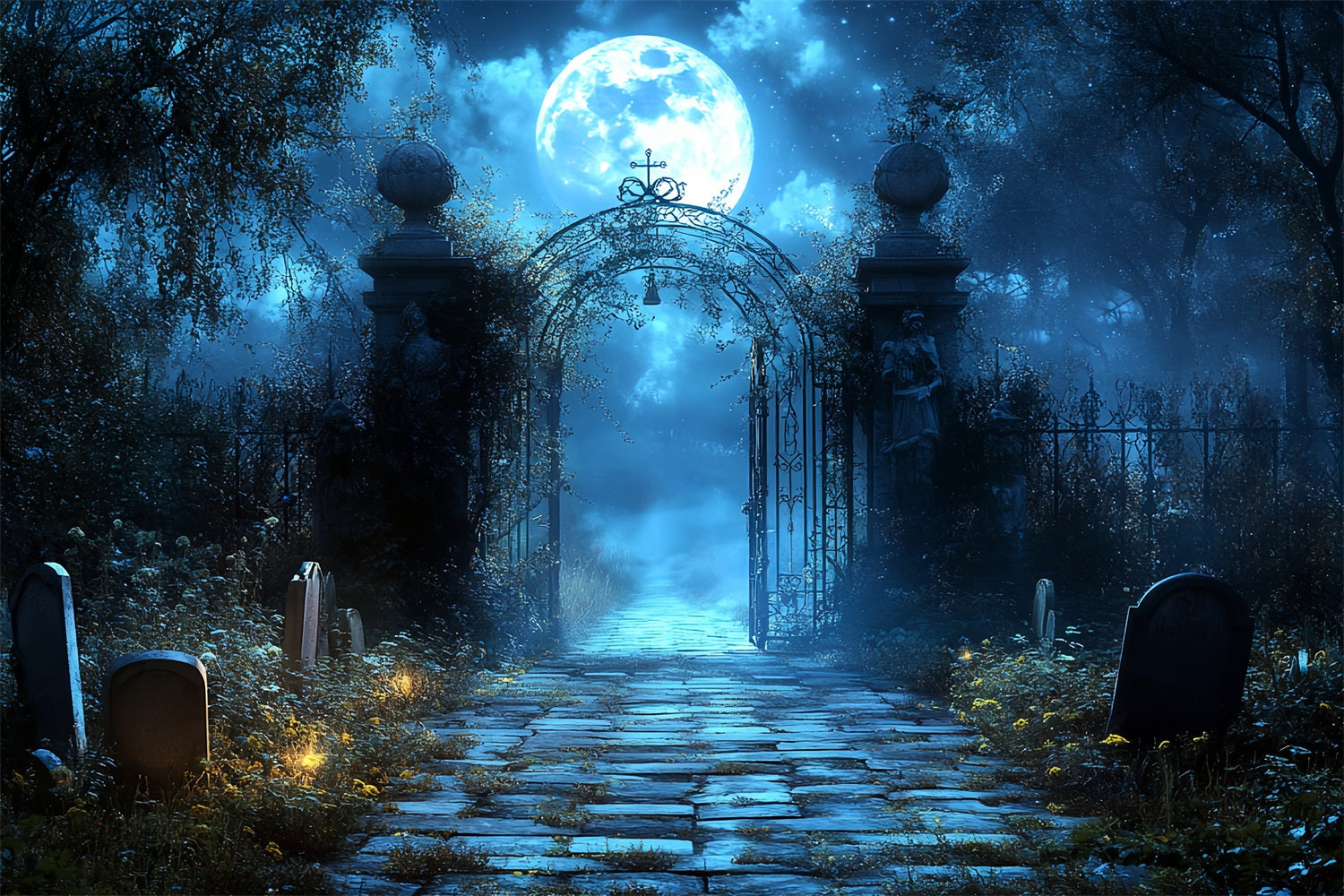 Friedhofskulisse Blauer Mond Friedhofsbogen Halloween Fotokulissen CSH58-100