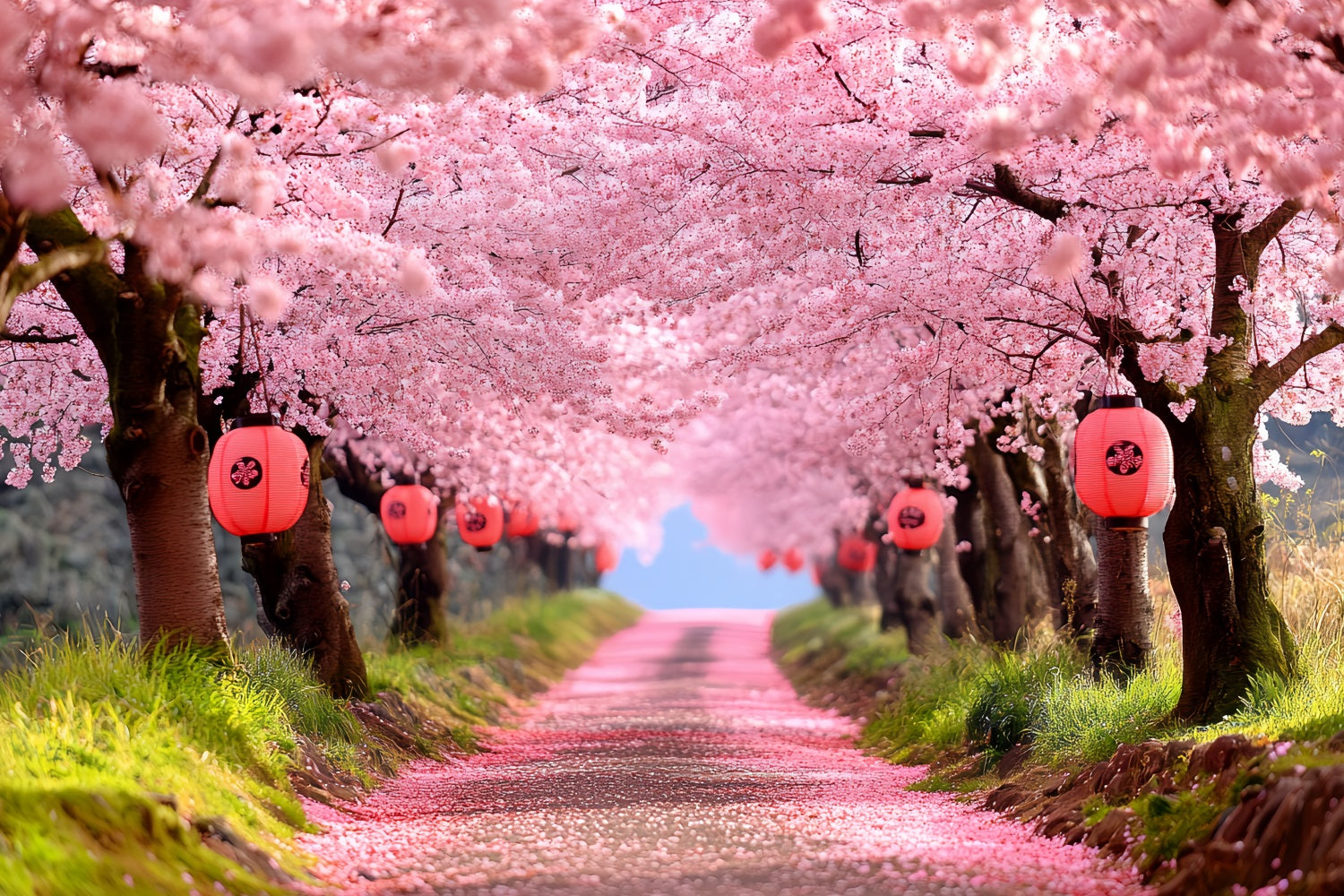 Kirschblüten-Foto Hintergrund Sakura Pathway Laternenreihen Frühlingsblumen-Foto Hintergrund CSH58-106