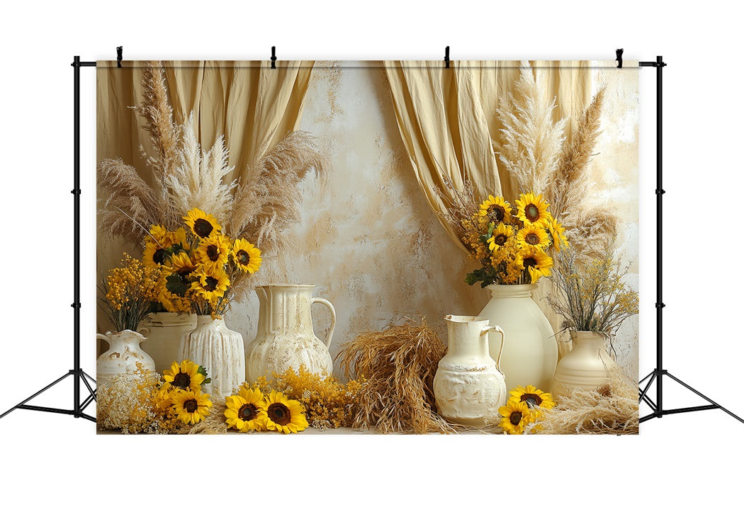 Sonnenblumen Foto Hintergrund, Boho-rustikales Vasenarrangement, Thanksgiving Foto Hintergrund CSH58-131