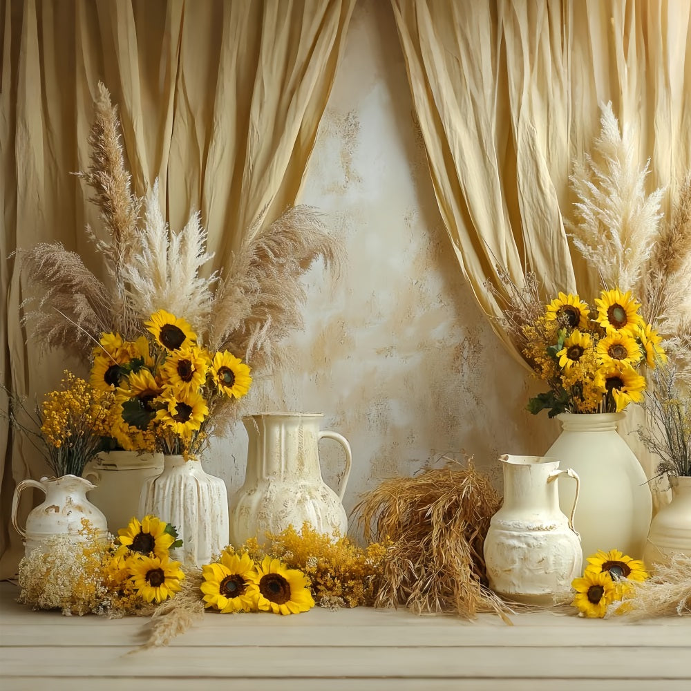 Sonnenblumen Foto Hintergrund, Boho-rustikales Vasenarrangement, Thanksgiving Foto Hintergrund CSH58-131
