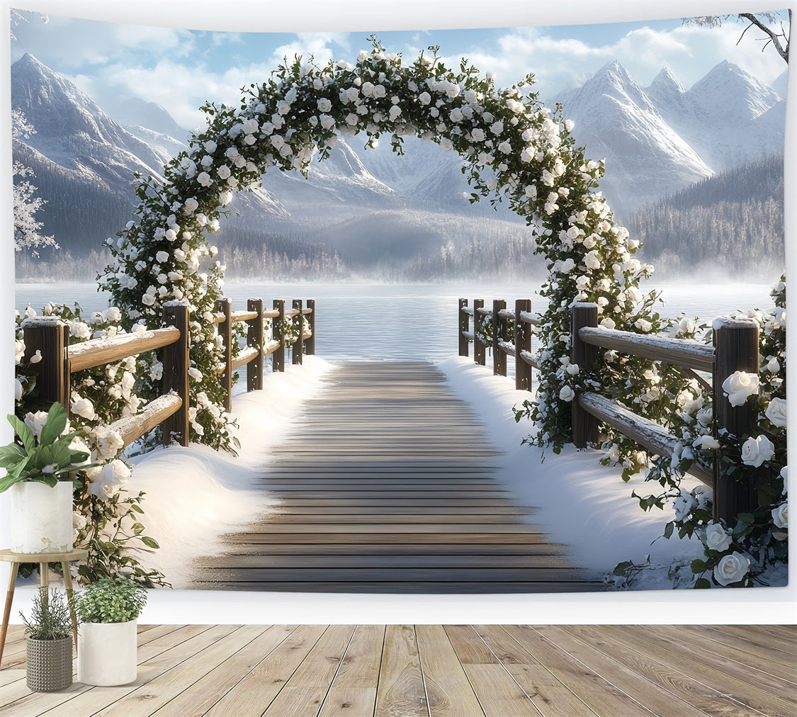 Winter Mountain Backdrop Schneey Rose Arch by Mountain Lake Winterszene Backdrop CSH58-23