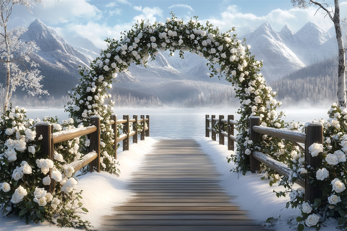 Winter Mountain Backdrop Schneey Rose Arch by Mountain Lake Winterszene Backdrop CSH58-23
